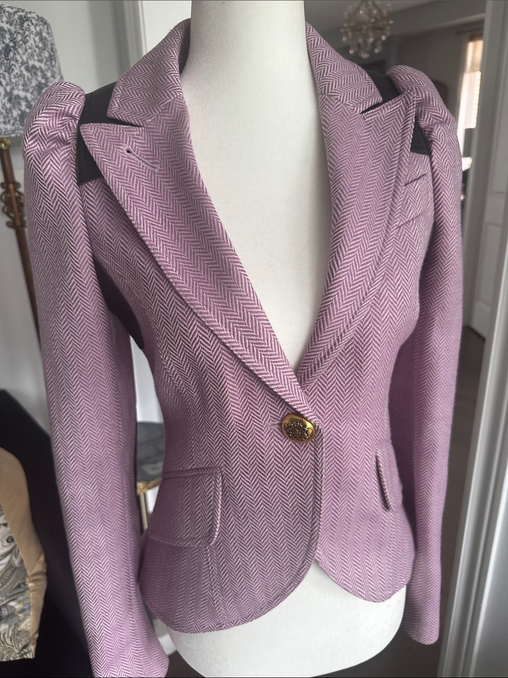 Equestrian Smythe rifle patch Lavender-Pink Herringbone Blazer with Gold Buttons